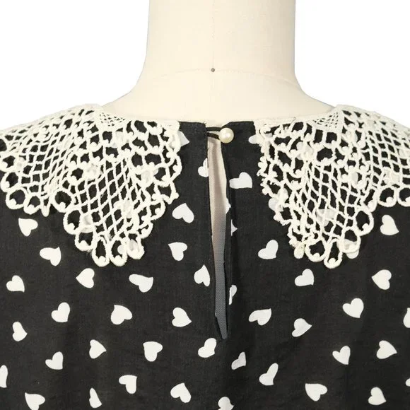 Ruth - Heart Print Cotton Blouse with Up-cycled Collar - Size Medium/Large